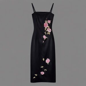 Curve hugging body-con black dress with pink and red floral embroidery - S (2-4)